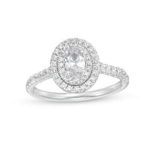 0.83 CT. T.W. GIA-Graded Oval Diamond Double Frame Engagement Ring in 14K White Gold