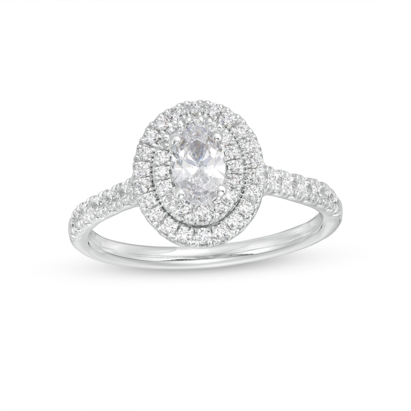 0.83 CT. T.W. GIA-Graded Oval Diamond Double Frame Engagement Ring in 14K White Gold