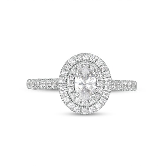 0.83 CT. T.W. GIA-Graded Oval Diamond Double Frame Engagement Ring in 14K White Gold