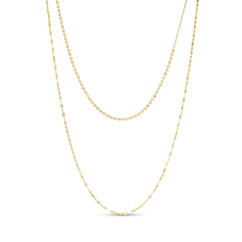 Italian Gold Double Strand Bead and Mirror Chain Necklace in 14K Gold – 17"