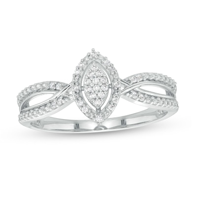 0.07 CT. T.W. Marquise-Shaped Multi-Diamond Frame Twisted Split Shank Promise Ring in 10K Gold