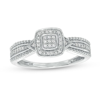 0.08 CT. T.W. Cushion-Shaped Multi-Diamond Beaded Frame Chevron Side Accent Triple Row Promise Ring in 10K Gold