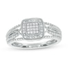 Thumbnail Image 0 of 0.12 CT. T.W. Cushion-Shaped Multi-Diamond Beaded Frame Multi-Row Twisted Split Shank Promise Ring in 10K White Gold