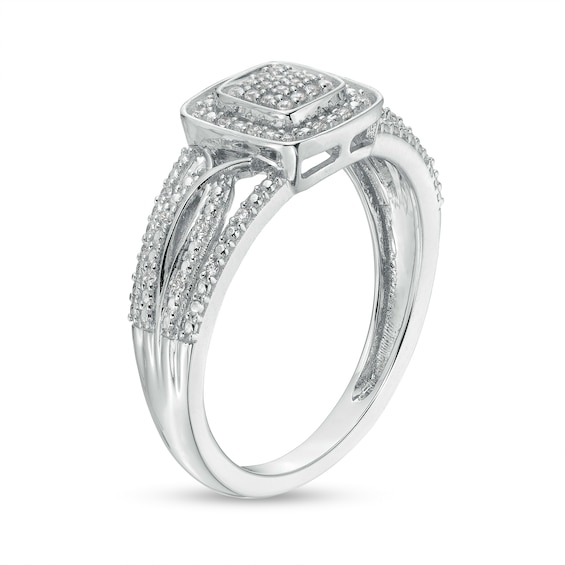 0.12 CT. T.W. Cushion-Shaped Multi-Diamond Beaded Frame Multi-Row Twisted Split Shank Promise Ring in 10K Gold