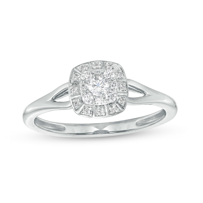 Main Image 1 of 0.20 CT. T.W. Cushion-Shaped Multi-Diamond Frame Split Shank Promise Ring in 10K White Gold