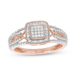 0.12 CT. T.W. Cushion-Shaped Multi-Diamond Beaded Frame Multi-Row Twisted Split Shank Promise Ring in 10K Rose Gold