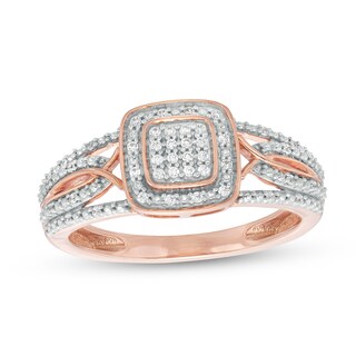 0.12 CT. T.W. Cushion-Shaped Multi-Diamond Beaded Frame Multi-Row Twisted Split Shank Promise Ring in 10K Rose Gold