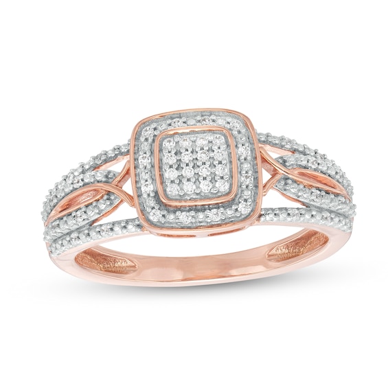 0.12 CT. T.W. Cushion-Shaped Multi-Diamond Beaded Frame Multi-Row Twisted Split Shank Promise Ring in 10K Rose Gold