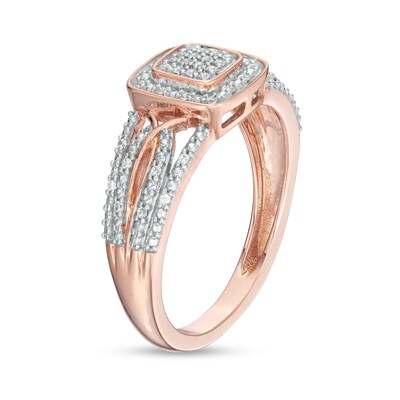 0.12 CT. T.W. Cushion-Shaped Multi-Diamond Beaded Frame Multi-Row Twisted Split Shank Promise Ring in 10K Rose Gold