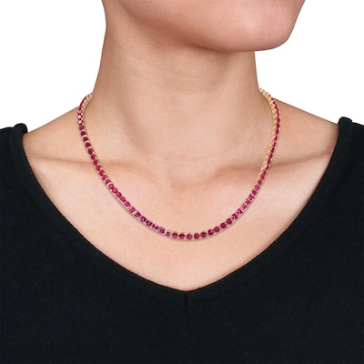 4.0mm Princess-Cut Lab-Created Ruby Tennis Necklace in Sterling Silver with Yellow Rhodium