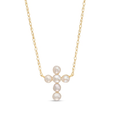 Freshwater Cultured Pearl Mini Cross Necklace in 10K Gold