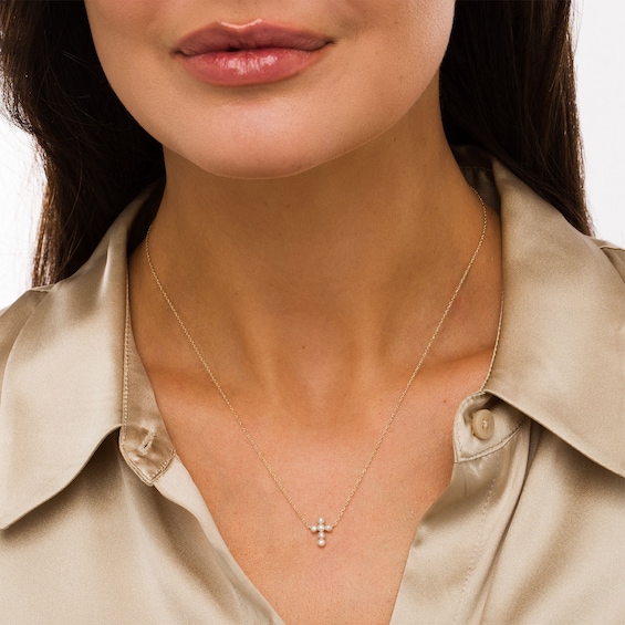 Freshwater Cultured Pearl Mini Cross Necklace in 10K Gold