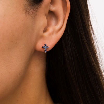 Blue Sapphire Mini Cross Stud Earrings in 10K Gold