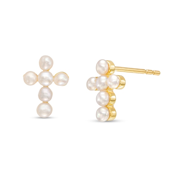 Freshwater Cultured Pearl Mini Cross Stud Earrings in 10K Gold