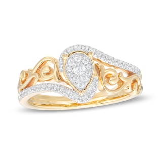 0.25 CT. T.W. Pear-Shaped Multi-Diamond Filigree Shank Bypass Promise Ring in Sterling Silver with 14K Gold Plate