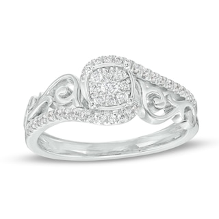 0.25 CT. T.W. Cushion-Shaped Multi-Diamond Filigree Shank Bypass Promise Ring in Sterling Silver