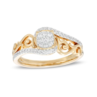 0.25 CT. T.W. Cushion-Shaped Multi-Diamond Filigree Shank Bypass Promise Ring in Sterling Silver with 14K Gold Plate