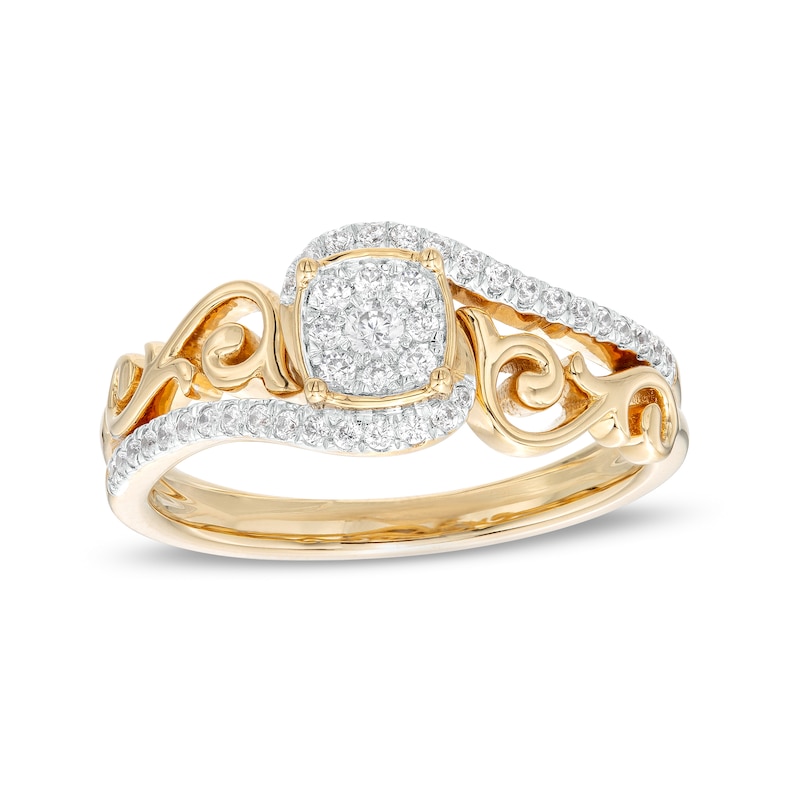 0.25 CT. T.W. Cushion-Shaped Multi-Diamond Filigree Shank Bypass Promise Ring in Sterling Silver with 14K Gold Plate|Peoples Jewellers