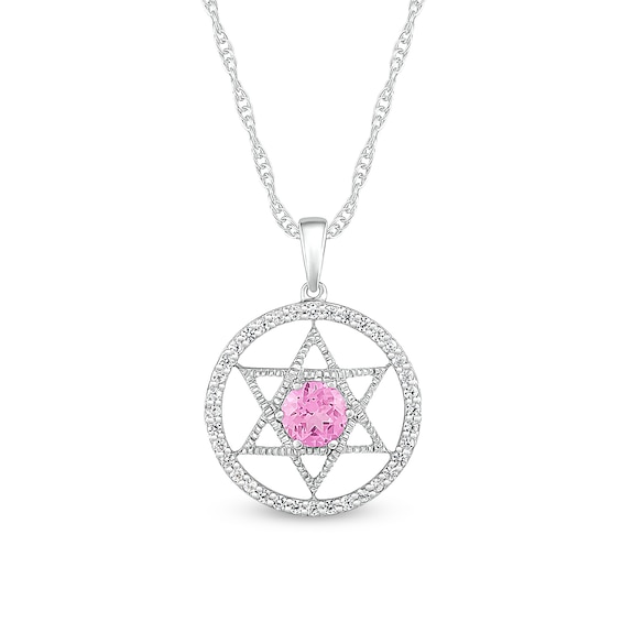 5.0mm Pink and White Lab-Created Sapphire Star of David in Circle Pendant in Sterling Silver