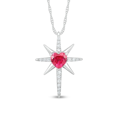 6.0mm Heart-Shaped Lab-Created Ruby and White Lab-Created Sapphire Eight-Point Star Cross Pendant in Sterling Silver