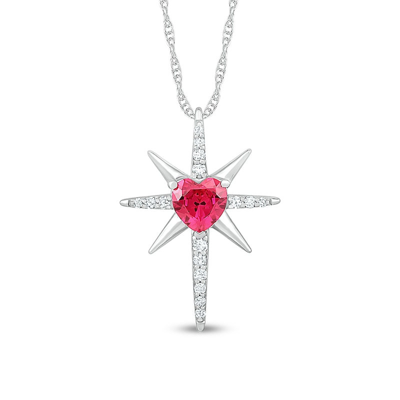 6.0mm Heart-Shaped Lab-Created Ruby and White Lab-Created Sapphire Eight-Point Star Cross Pendant in Sterling Silver|Peoples Jewellers