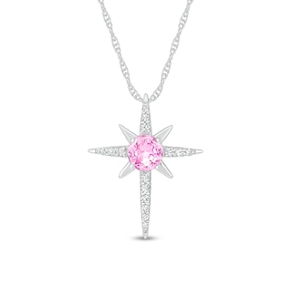 5.0mm Pink and White Lab-Created Sapphire Eight-Point Star Cross Pendant in Sterling Silver