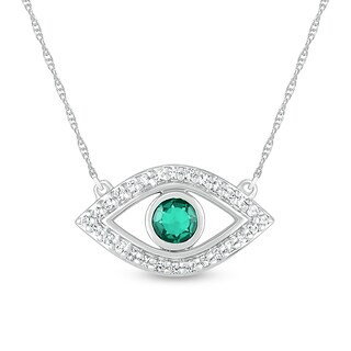 4.0mm Lab-Created Emerald and White Lab-Created Sapphire Evil Eye Necklace in Sterling Silver