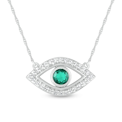 4.0mm Lab-Created Emerald and White Lab-Created Sapphire Evil Eye Necklace in Sterling Silver