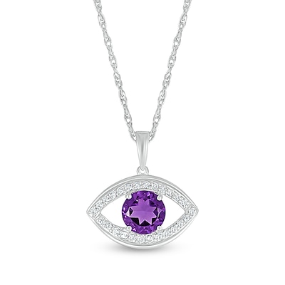 6.0mm Amethyst and White Lab-Created Sapphire Frame Evil Eye Pendant in Sterling Silver