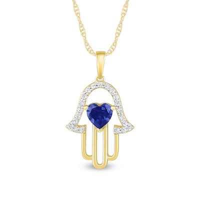 5.0mm Heart-Shaped Blue and White Lab-Created Sapphire Hamsa Pendant in Sterling Silver with 14K Gold Plate