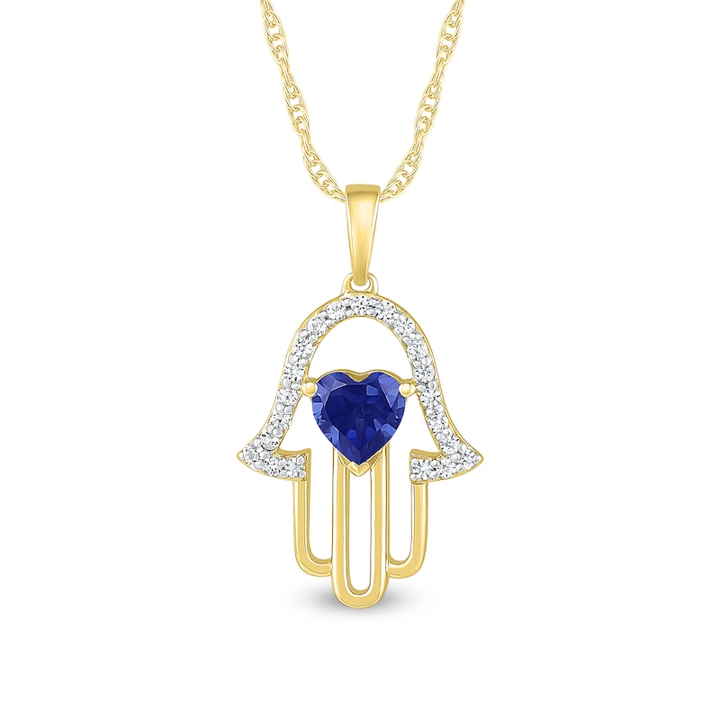 5.0mm Heart-Shaped Blue and White Lab-Created Sapphire Hamsa Pendant in Sterling Silver with 14K Gold Plate