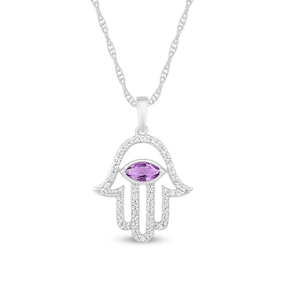 Sideways Marquise Amethyst Beaded Frame Hamsa Pendant in Sterling Silver