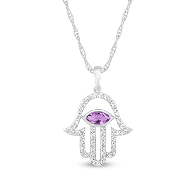 Sideways Marquise Amethyst Beaded Frame Hamsa Pendant in Sterling Silver