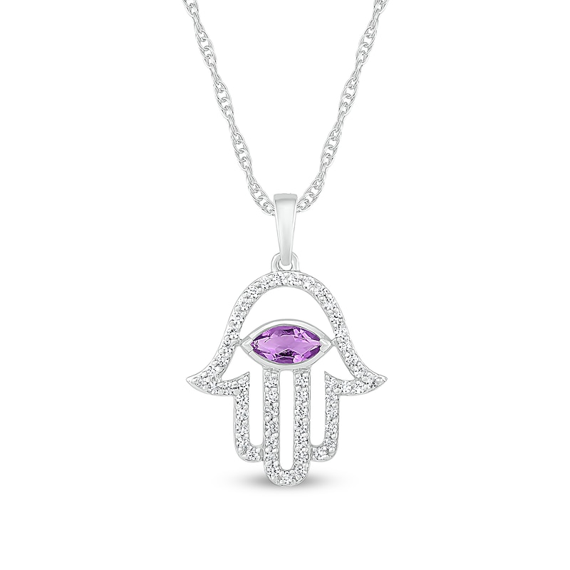 Sideways Marquise Amethyst Beaded Frame Hamsa Pendant in Sterling Silver