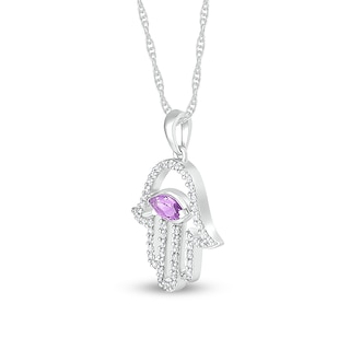 Sideways Marquise Amethyst Beaded Frame Hamsa Pendant in Sterling Silver