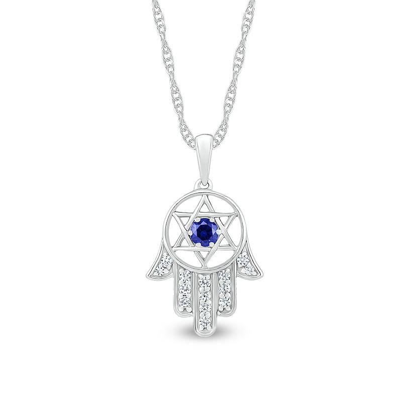 3.0mm Blue and White Lab-Created Sapphire Star of David in Hamsa Pendant in Sterling Silver|Peoples Jewellers