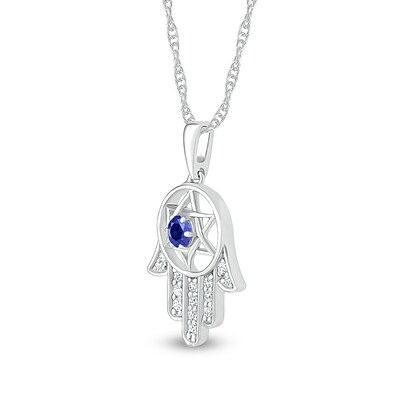 3.0mm Blue and White Lab-Created Sapphire Star of David in Hamsa Pendant in Sterling Silver