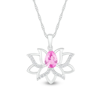 Pear-Shaped Pink and White Lab-Created Sapphire Lotus Flower Pendant in Sterling Silver