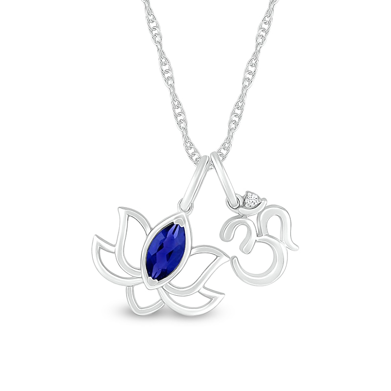 Marquise Blue and White Lab-Created Sapphire Lotus Flower and Om Symbol Pendant in Sterling Silver|Peoples Jewellers