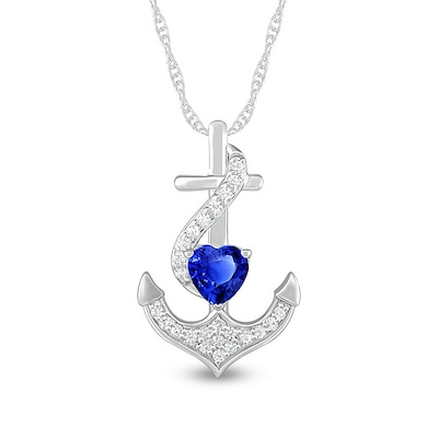 5.0mm Heart-Shaped Blue and White Lab-Created Sapphire Overlay Anchor Pendant in Sterling Silver