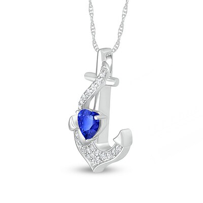 5.0mm Heart-Shaped Blue and White Lab-Created Sapphire Overlay Anchor Pendant in Sterling Silver