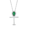 Pear-Shaped Emerald and White Lab-Created Sapphire Ankh Pendant in Sterling Silver