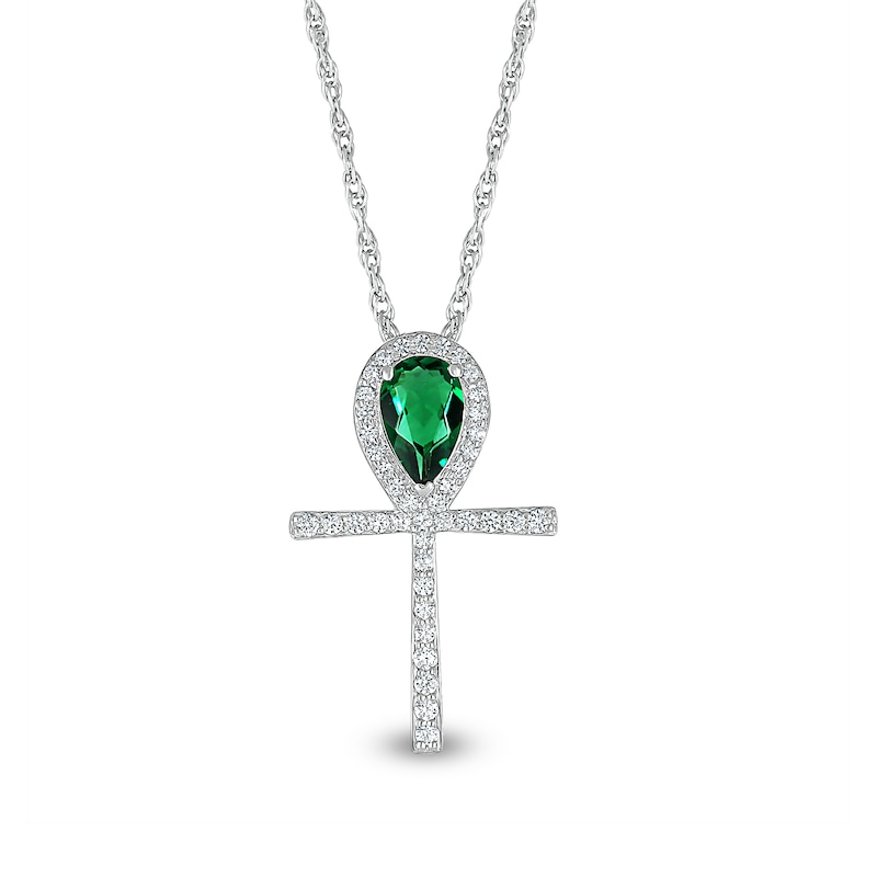 Pear-Shaped Emerald and White Lab-Created Sapphire Ankh Pendant in Sterling Silver|Peoples Jewellers