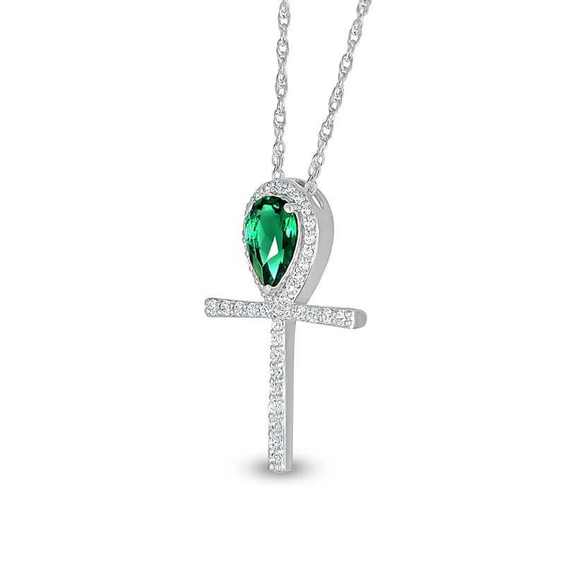 Pear-Shaped Emerald and White Lab-Created Sapphire Ankh Pendant in Sterling Silver|Peoples Jewellers
