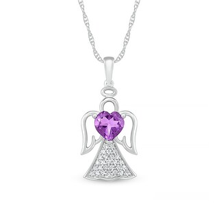 6.0mm Heart-Shaped Amethyst and White Lab-Created Sapphire Angel Pendant in Sterling Silver