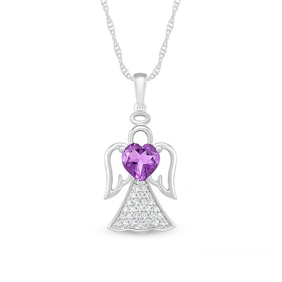 6.0mm Heart-Shaped Amethyst and White Lab-Created Sapphire Angel Pendant in Sterling Silver