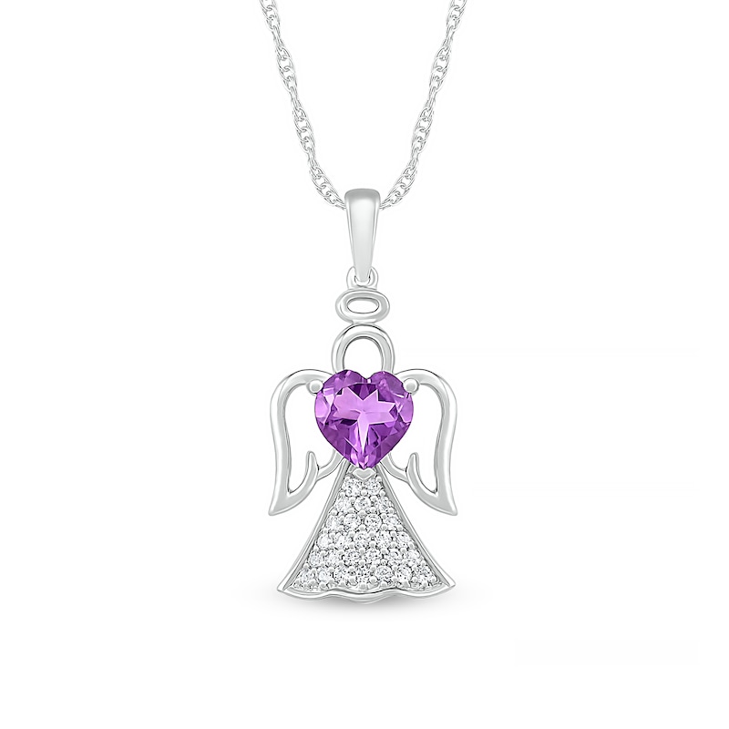 6.0mm Heart-Shaped Amethyst and White Lab-Created Sapphire Angel Pendant in Sterling Silver|Peoples Jewellers