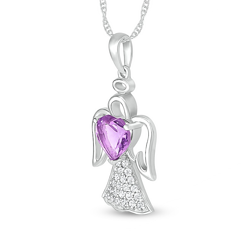 6.0mm Heart-Shaped Amethyst and White Lab-Created Sapphire Angel Pendant in Sterling Silver|Peoples Jewellers