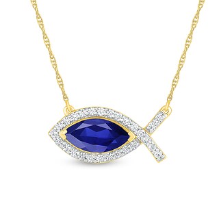 Marquise Blue and White Lab-Created Sapphire Sideways Ichthus Necklace in Sterling Silver with 14K Gold Plate