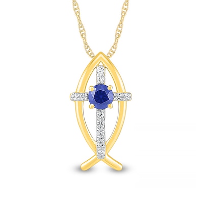 4.0mm Blue and White Lab-Created Sapphire Cross Ichthus Pendant in Sterling Silver with 14K Gold Plate